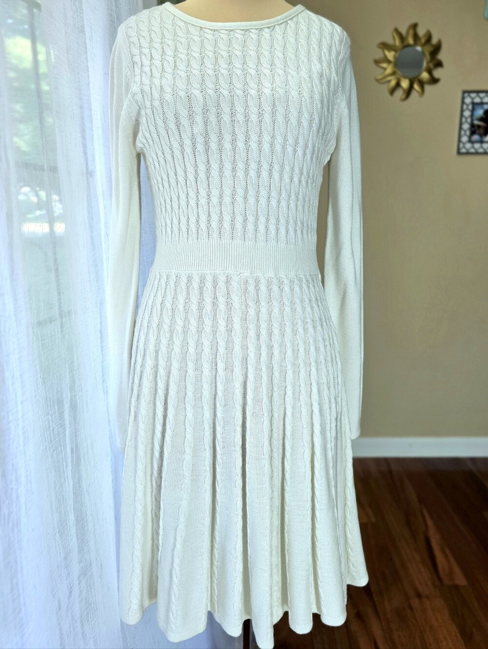 Calvin Klein Cream Cable Knit Fit Flare Sweater Dress Long Sleeve Size Mediun